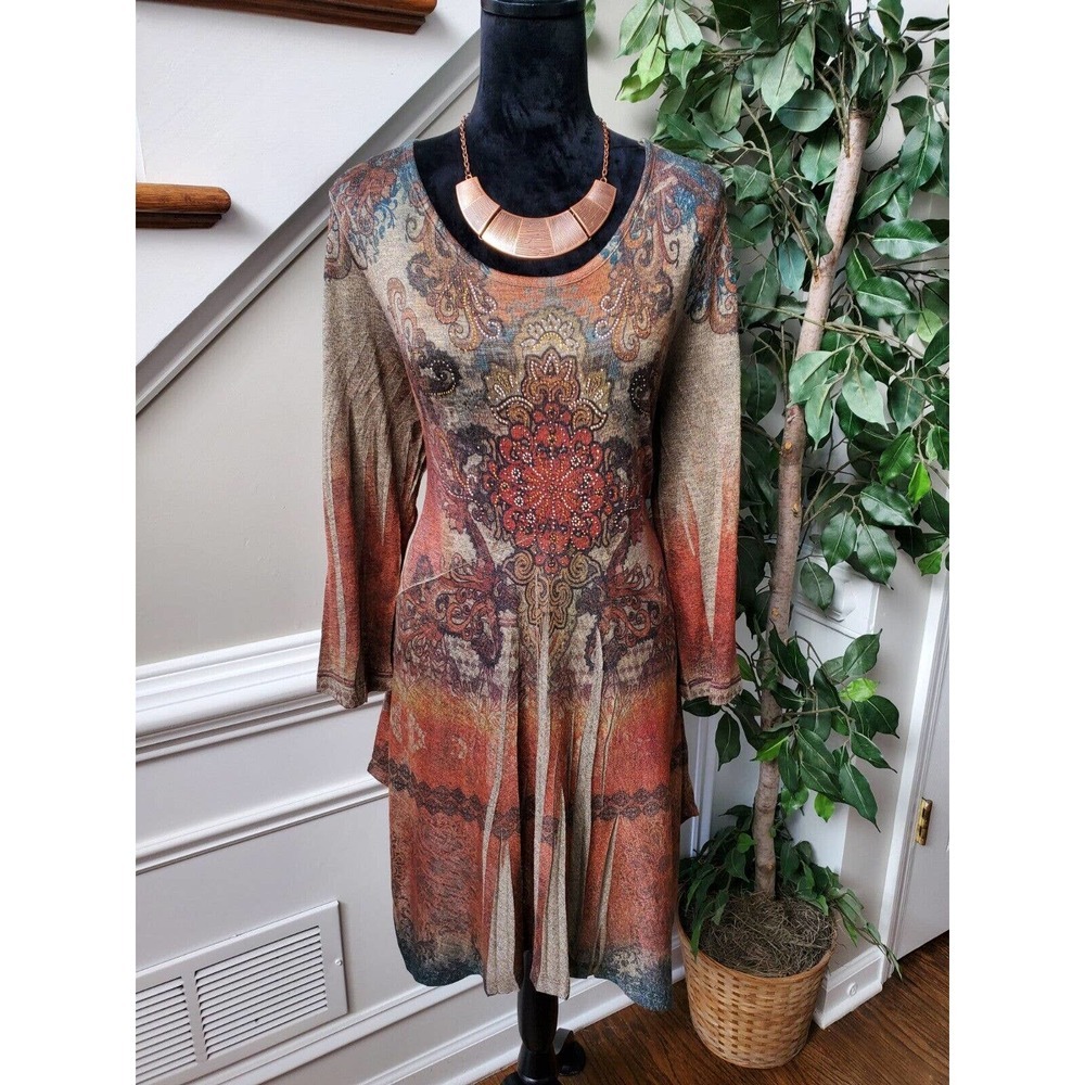 Studio Gem Women Multicolor Polyester Round Neck Long Sleeve Knee Length Dress L